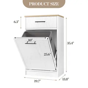 10 Gal Fluted Tilt Out - Hidden Garbage Cabinet with Drawer, Freestanding Wooden Trash Can Cabinet, Dog Proof Trash Cabinets for Kitchen Dining Living Room - White