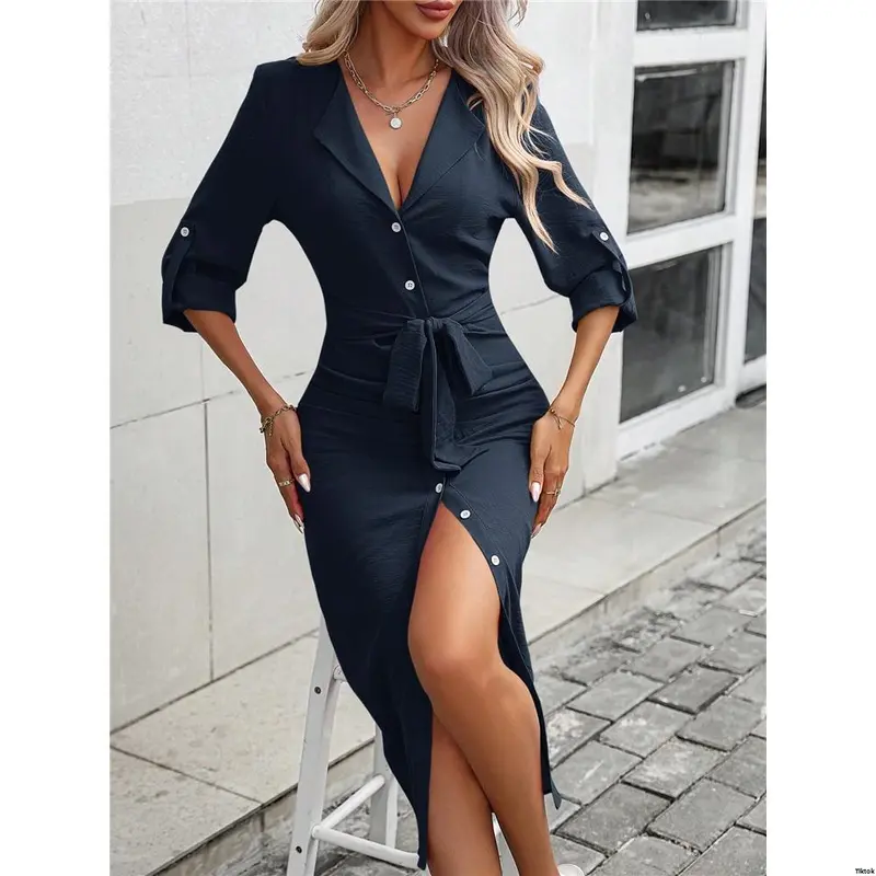 Women Maxi Belted Sleeve tiktok Clasi Roll Tab Shirt Dress Outfit