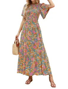 ZEAGOO Women's 2025 Summer Casual Floral Print Short Flutter Sleeve Crew Neck Smocked High Waist Flowy Maxi