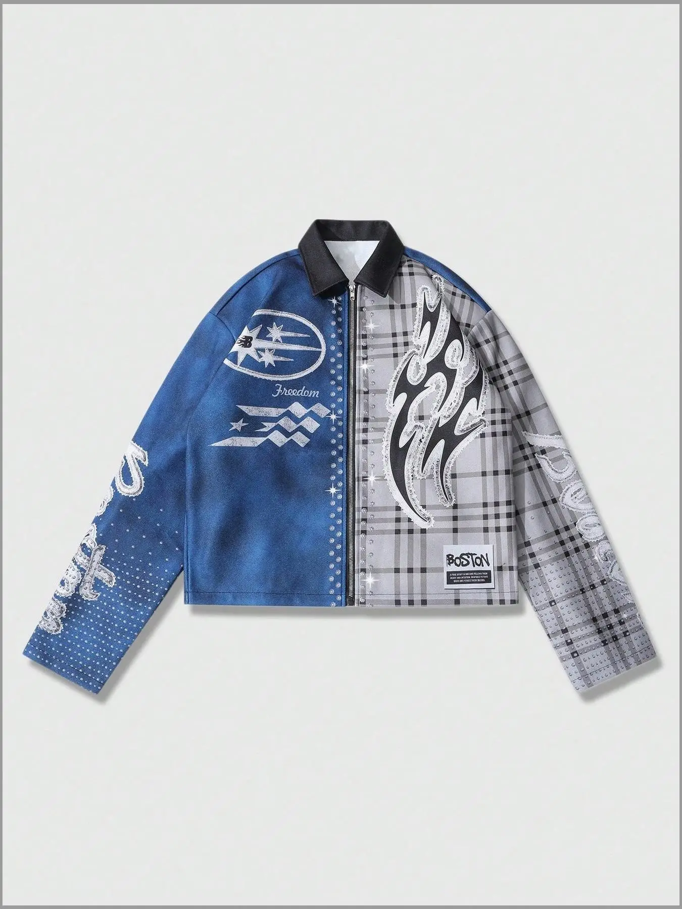 Men's Y2K Retro Racing Jacket with Asymmetric Checkered Sleeves
