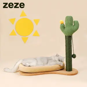 ZEZE Cactus Cat Scratching Post with Bed, Natural Wood Finish, Elegant Design for Cats, Ideal for Cat Loves