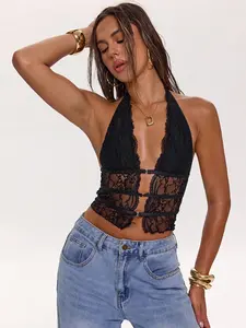 Leather Buckle Halter Neck Hollow Sexy Corset Top, Suitable For Festivals, Concerts, Raves, Clubs, Fall Clothes, Sexy,Western Tops Women,Going Out Tops