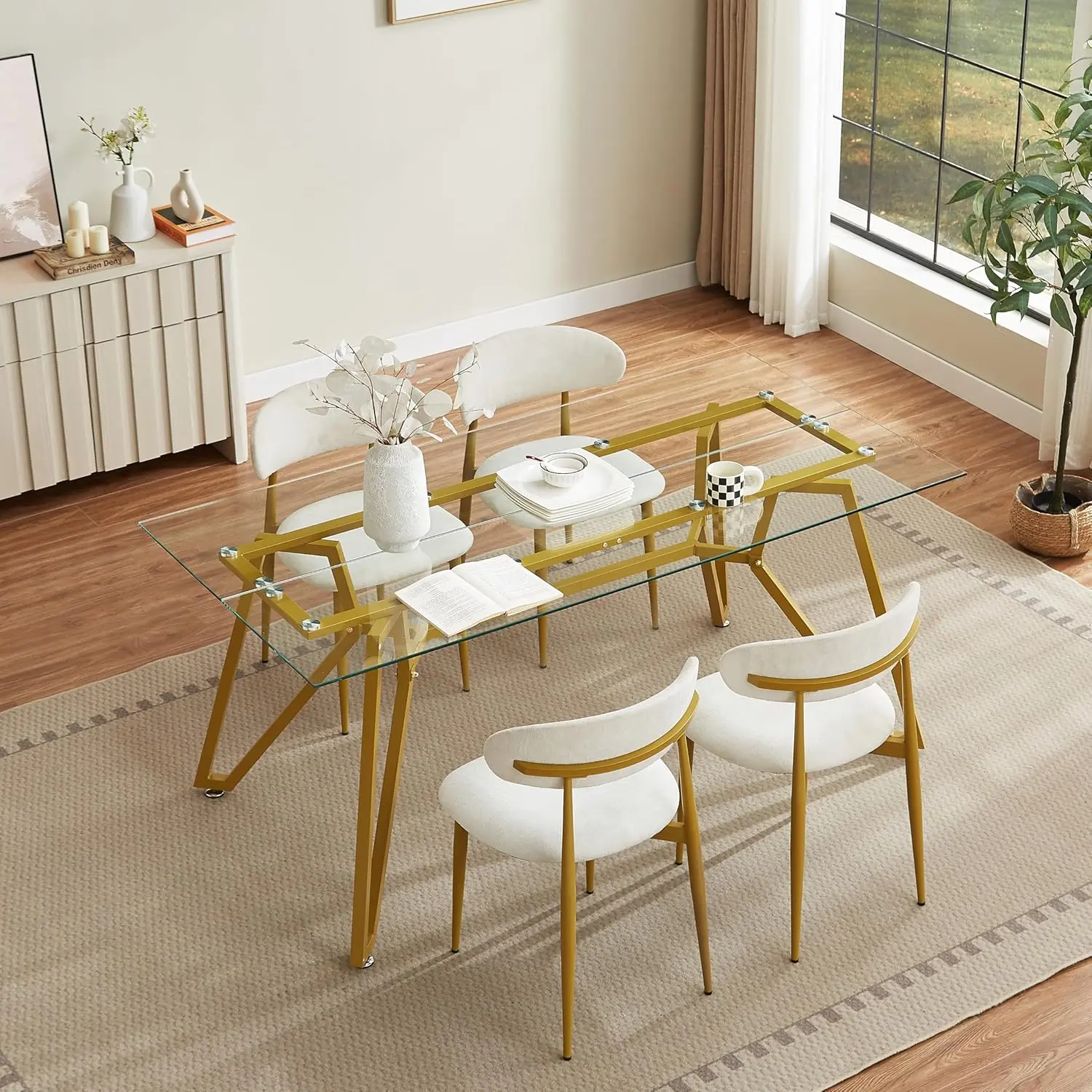 Antique Modern Nordic Luxury Indoor Dining Table Set with Glass Top, Buff Finish, No Fire Safety Label, US-Market Ready, Competitive Price, for Adults, Assembly Required (Antique Style Dining Room Sets), Wood, Rectangular
