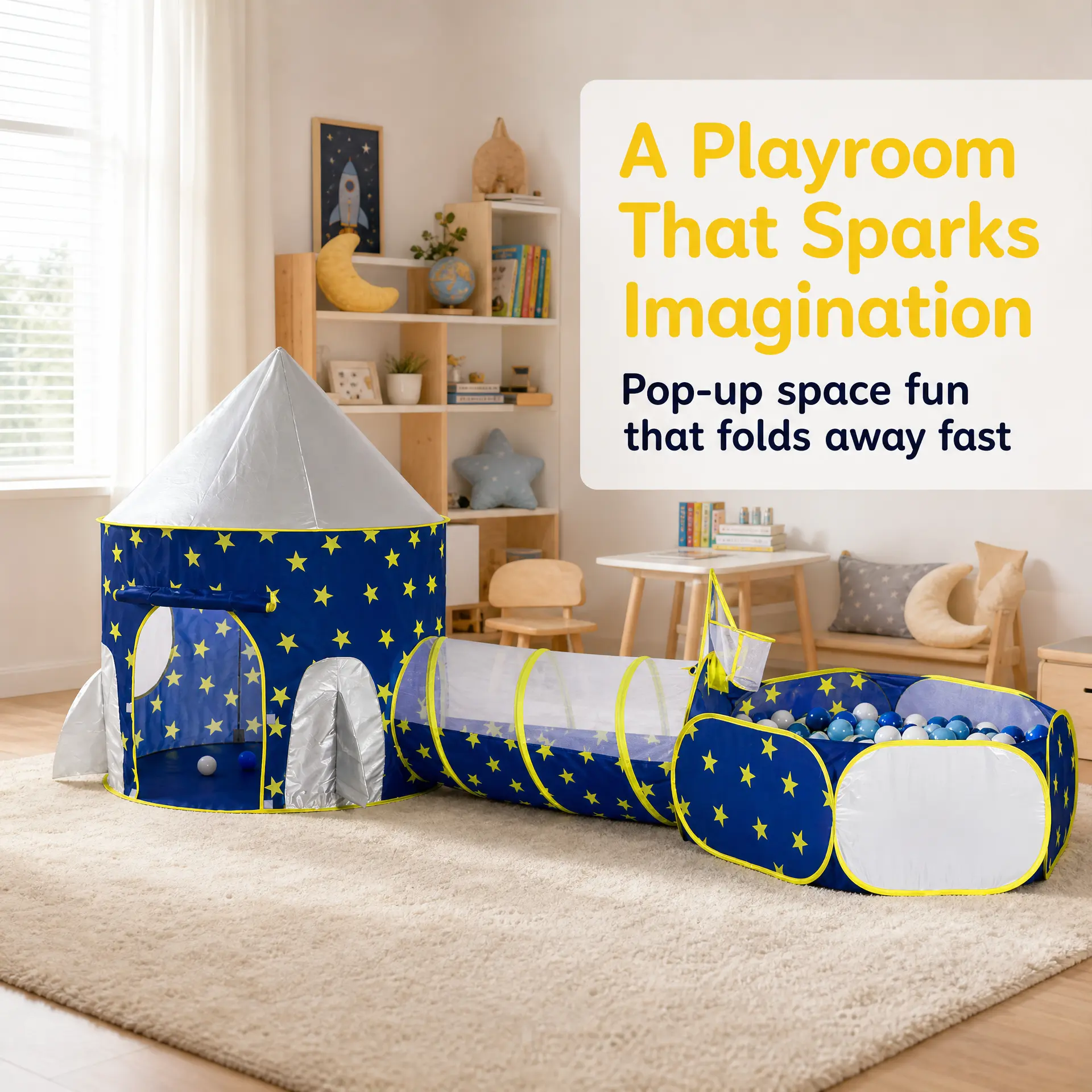 Apojungle 3-in-1 Kids Pretend Play Tent - Spaceship Tent with Tunnel & Ball Pit, Pop-Up Space Adventure, Mesh Breathability, Indoor/Outdoor Playhouse, Star Print, Easy Setup Foldable Design, Toddler Gift