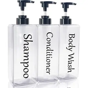 Clear Refillable Shampoo and Conditioner Dispenser Set of 3 (27oz), Empty Bottles - Modern Body Wash Dispenser Set for Shower Soap
