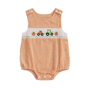 Newborn Baby Boy Girl Halloween Gingham Pumpkin Truck Embroidery Smocked Bubble Romper Sleeveless Button Plaid Onesie Bodysuit