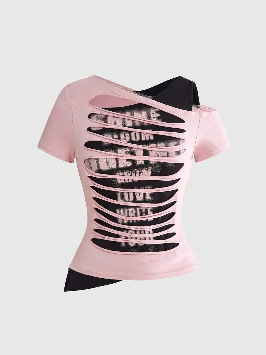 Grunge Punk Y2k Sexy Hot Girl Asymmetric Hem 2 In 1 Fitted Women's T-Shirt With One-Shoulder Design, Letter Print And Burnout Detail