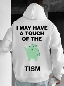 Men's Slogan & Frog Print Drawstring Fuzzy Hoodie, Loose Casual Street Comfy Fashion Long Sleeve Kangaroo Pocket Design Thermal Lined Hooded Sweatshirt for Daily Holiday Outdoor Wear, Men Clothes for Fall & Winter, Menswear, Cartoon Print Sweatshirt