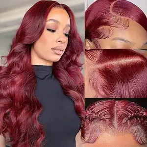 99J   Human Hair Body Wave 13X6 Hd Transparent Lace Frontal Wigs Human Hair Pre Plucked with Baby Hair 180% Density Wine Red Wigs for Women 24 inch summerwins