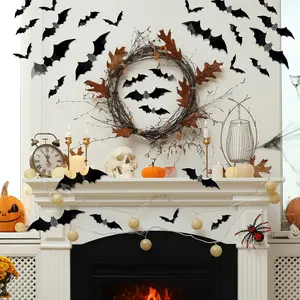 Bobobag 120 Pcs 3D Bats Halloween Decorations 4 Sizes Black Bats Sticker for Wall Window Festive Spooky Seasonal Decoration