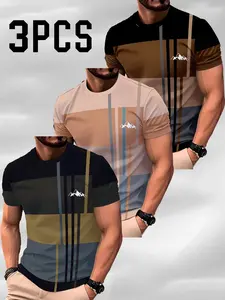 3-Pack Men's Digital Print T-Shirts, Casual Sporty Tee, All-Over Print, Short Sleeve, Fashion Striped T-Shirt