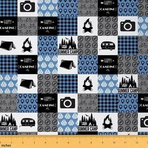Happy Camping Fabric by The Yard,1 Yard,Camper Decorative Waterproof Outdoor Fabric,Vintage Wood Grain Fire Print Upholstery Fabric for Chairs, 36X58"