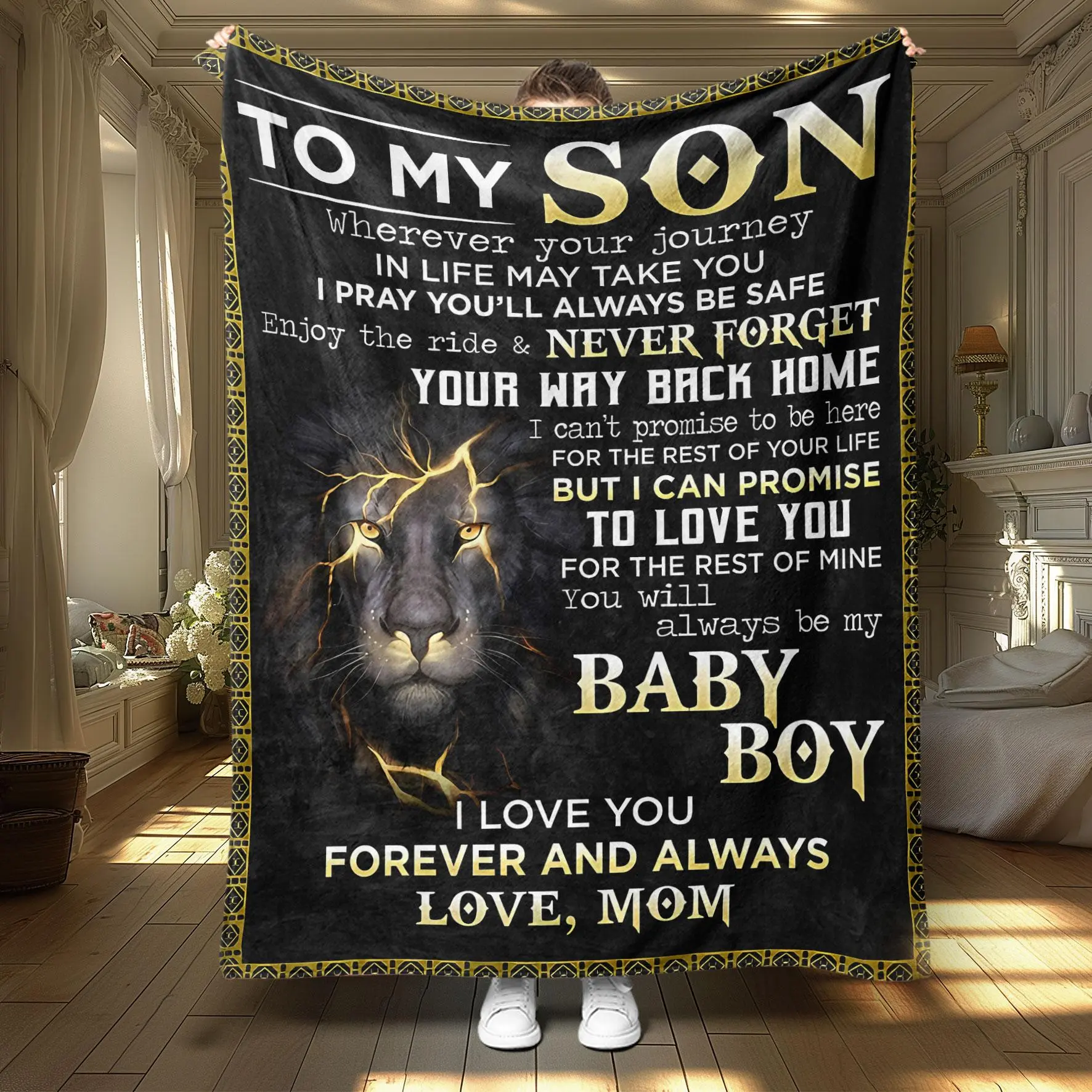 Lion Pattern Soft Blanket 1 Count Letter for Son Print Throw Blanket Slogan Print Blanket Air-conditioned Room Warm Nap Blanket for Home Office Travel Camping