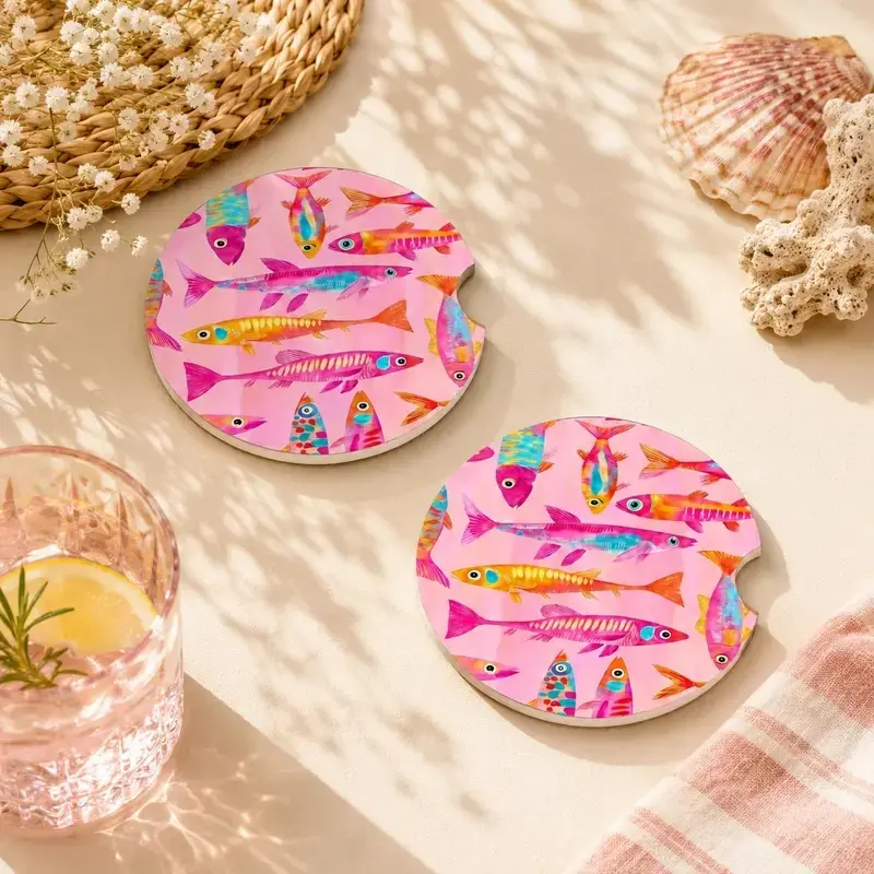 Colorful Tropical Fish Car Coasters Set of 2, Coastal Ocean Sea Life Cup Holder Coasters, Beach Aesthetic Car Accessories, Nautical Gift