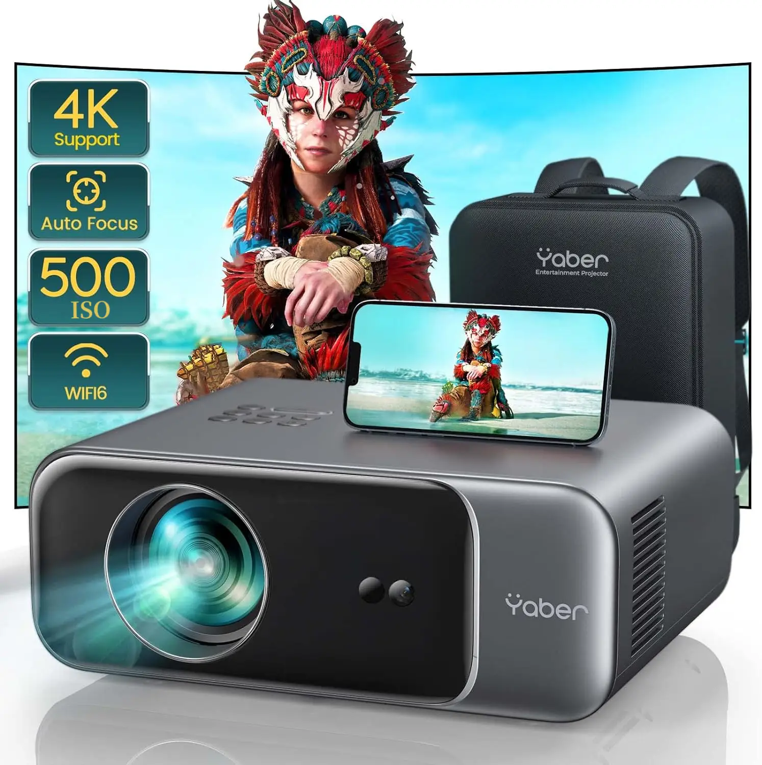 FathersDayGift YABER Pro V9 4K Support Projector with WiFi 6 and Bluetooth 5.2, 500 ANSI Native 1080P Outdoor Movie Projector, Auto 6D Keystone & 50%