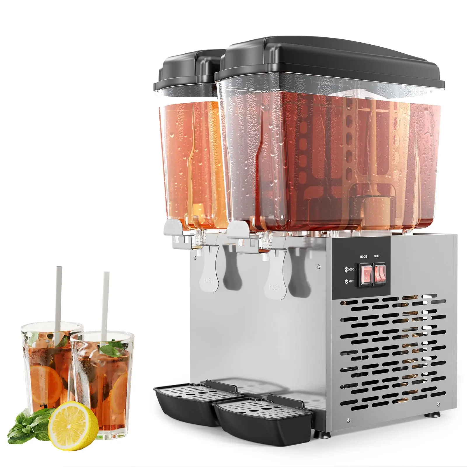 Garvee Commercial Beverage Dispenser, 2 tanks of 18 L each, juice dispenser, 370W stainless steel iced tea beverage machine for cold drinks, restaurant, bar, party