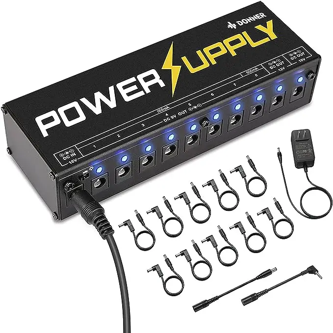 Donner DP-1 Guitar Power Supply - 10 Isolated DC Outputs, Aluminum Alloy Build, Included Power Cables, LED Lights, Manufacturer Warranty for 9V/12V/18V Effect Pedals
