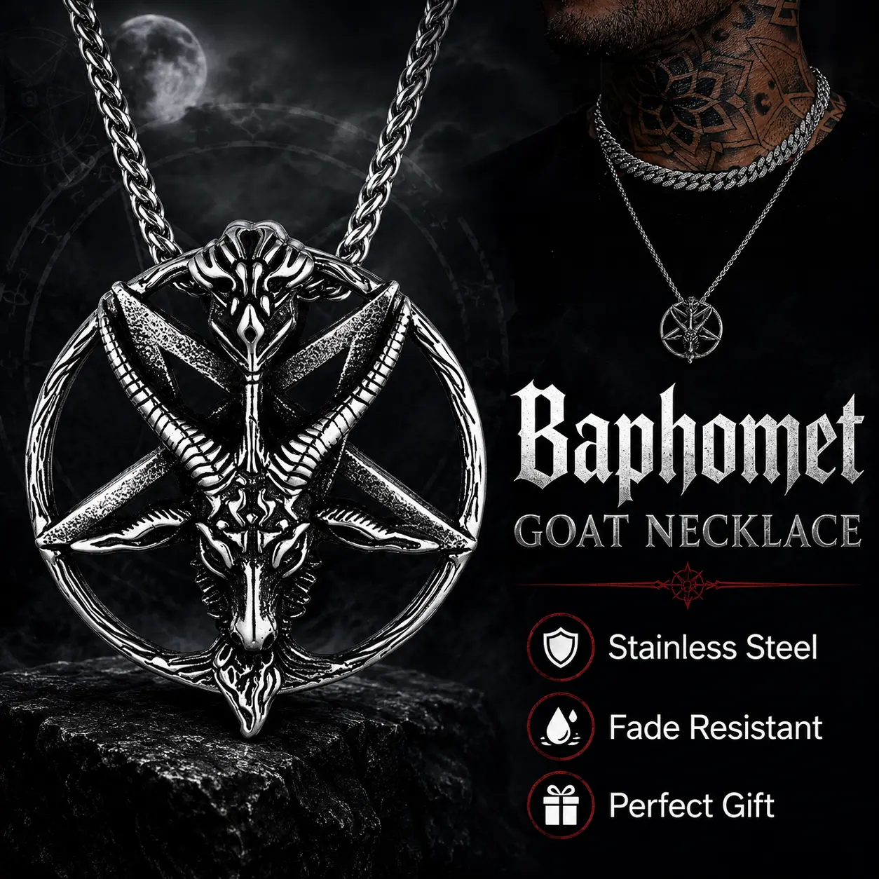 FaithHeart Baphomet Goat Pentagram Necklace, Stainless Steel Gothic Satanic Pendant for Men Women, Occult Punk Jewelry Gift