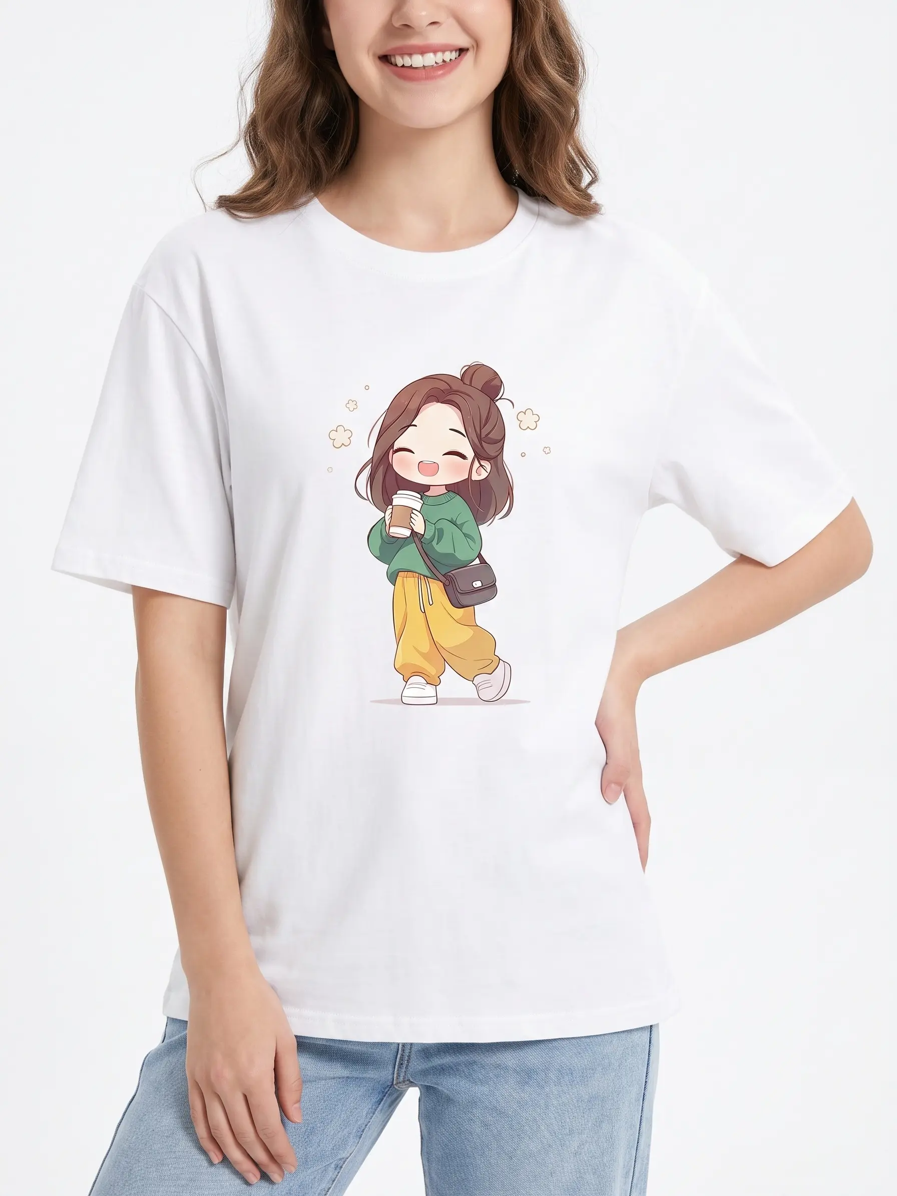 Women's Coffee Girl Graphic T-Shirt, Cute Chibi Style Casual Tee, Loose Fit Short Sleeve Top for Spring Summer, Shortsleeve, Tshirt Womenswear Crewneck, Breathable, Cotton, Lady, Round Neck, Heat Transfer, Basics