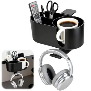 4 in 1 Desk Cup Holder, Clamp On Drink Holder with Headphone Hanger, Anti-Spill Clip on Desk Organizer for Pen Phone Mug, Gaming Office Desk Accessories fits Most Desks