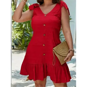 Women'S Sleeveless Black Pinafore Dress with Ruffle Hem - Polyester, V-Neck, Fake Buttons, Summer Casual Wear, Casual Summer Dress |   Ruffle Hem Dress |   Polyester Dress