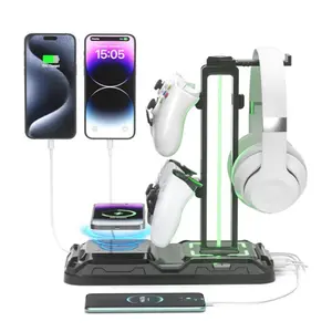 Wireless Charging RGB Headphone Stand with 360° Rotatable Dual Controller Holder, 15W Fast Charger, 2 USB & Type-C Ports, Adjustable Rotatable Bracket, 360° Reception for Gaming PC Desk Accessories