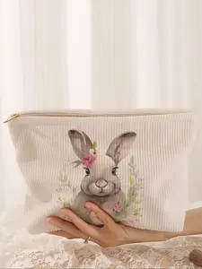 Cute Rabbit Print Velvet Makeup Bag, Cartoon Style, Lightweight Multi-Functional Fashion Casual Handheld Cosmetic Pouch Cosmetics Organizer for Travel & All Occasions, Travel Cosmetic Bags, Makeup Storage Bag