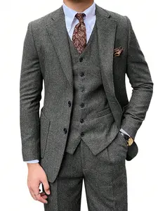 Men's Retro 3-Piece Tweed Herringbone Suit Set Two-Buttons Blazer Vest Pants Autumn New Arrival Formal Business Attire, Groom Outfit & Formal Wear for Casual Parties