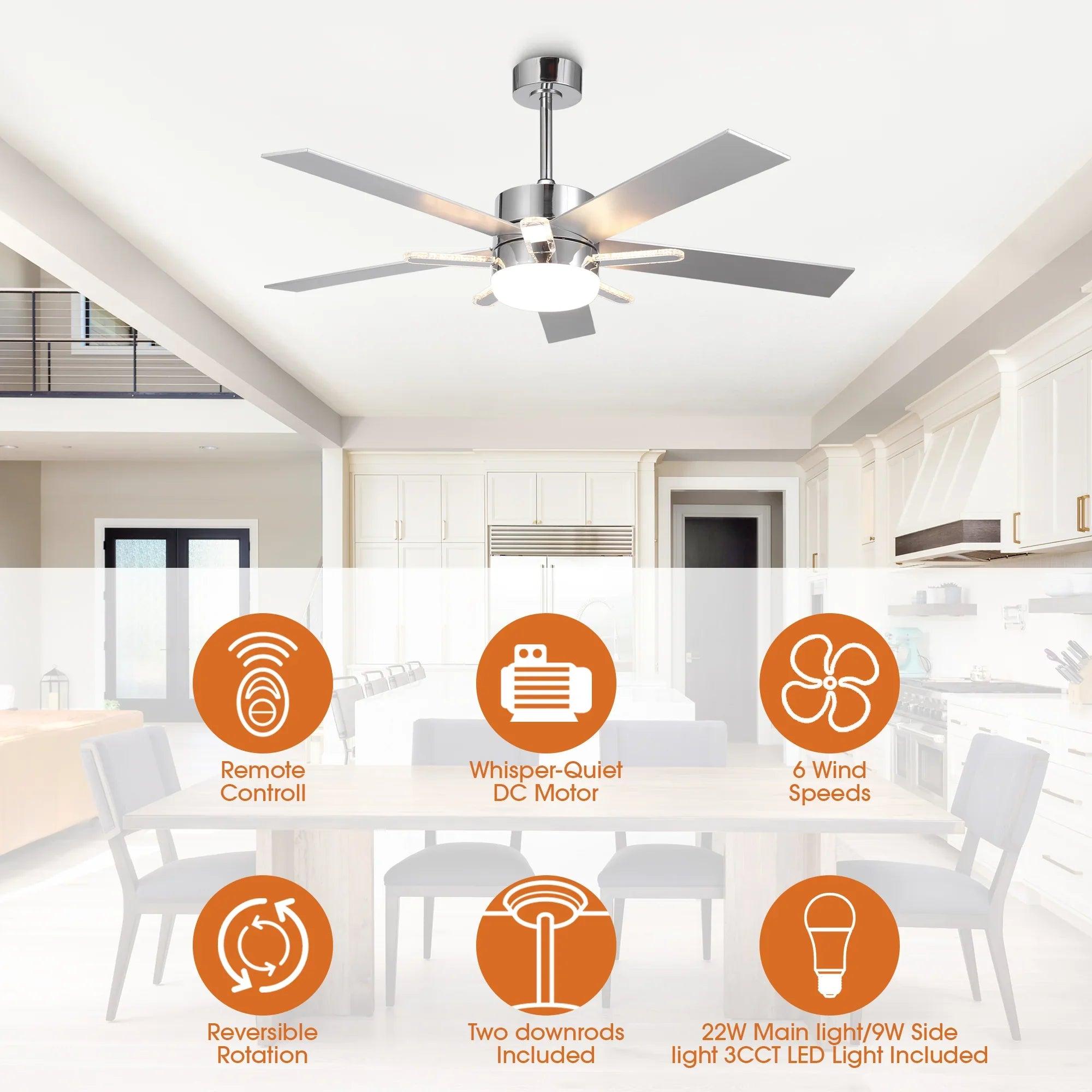 52" Modern Ceiling Fan Double-sided Blades with Main & Side LED Light Downrod Mount