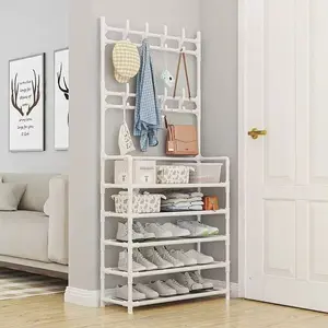 Multifunctional entryway shoe rack with hat storage and coat rack, 2-in-1 shoe rack and coat rack, 5-tier freestanding storage rack, suitable for entryway, living room, and bedroom Clothes Rack Organizer Durable Sturdy Rack Display Shelf