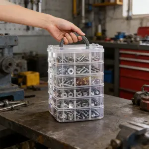 5-tier, 30-compartment transparent storage box with lids and handles, featuring a snap-closure design; ideal for organizing screws, nuts, and bolts
