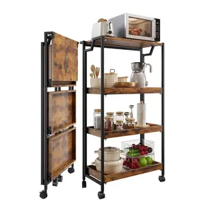 Large 4-Tier Wooden Folding Storage Shelf Cart with Locking Wheel, Expandable Kitchen Organizer Rack, 100 Lbs Loading Heavy Duty Garage Shelving, Easy Foldable No Assembly Required, Plants, Metal