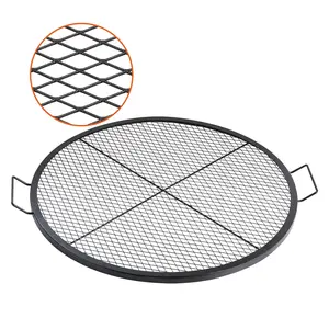 VEVOR 36-Inch Black Metal X-Marks Fire Pit Grill Grate, Round Heavy-Duty Steel Cooking Grate, Campfire BBQ Grid with Handle and X-Wire Support, Portable Camping Cookware for Outdoor Parties Gatherings