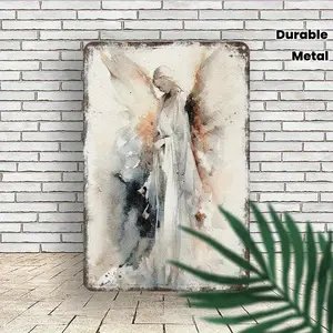 2D Flat, 1pc 8*12 in Vintage Guardian Angel Wall Art Panel - Golden-Toned Angel with Spread Wings, Waterproof Metal Wall sign-Mounted Indoor/Outdoor Decoration Suitable for Home, Office, Café - Elegant Housewarming Gift room sign