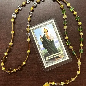 Rosario de San Judas Tadeo Handcrafted with Green and Gold Beads for Spiritual Protection