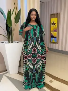 African Style Summer Fashion Loose Kaftan Boubou Traditional Ethnic Long Robe, Elegant Rhinestone Dress, Women's Silk Dress with Headscarf