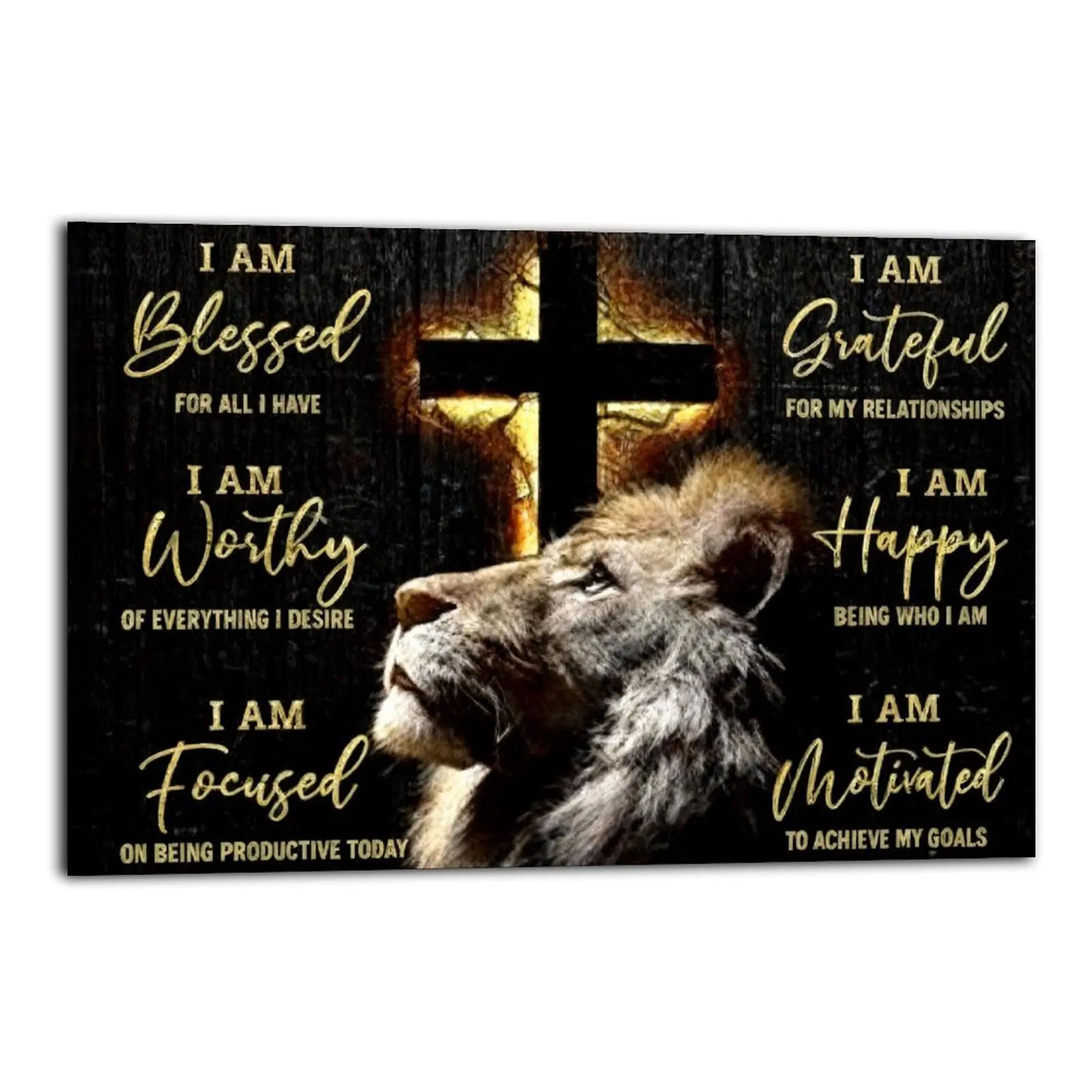 Artistic Lion & Cross Animal Motif Waterproof Canvas Wall Print - 12x18 in Hanging Wood Frame Single Unit Artwork, Portable Installation Home Decor for Living Room, Balcony, Ideal Accent Gift for Wardrobe Styling & Kid Room