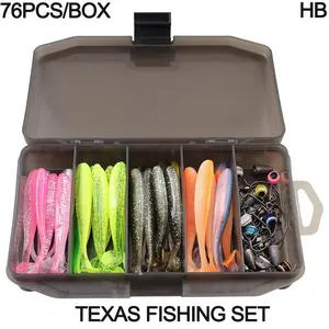 76-Piece Fishing Gear Set, Texas Carrot Hook Kit, Anti-Bottom T-Tail Curved Hooks, Lure Soft Bait, Fish Attractant