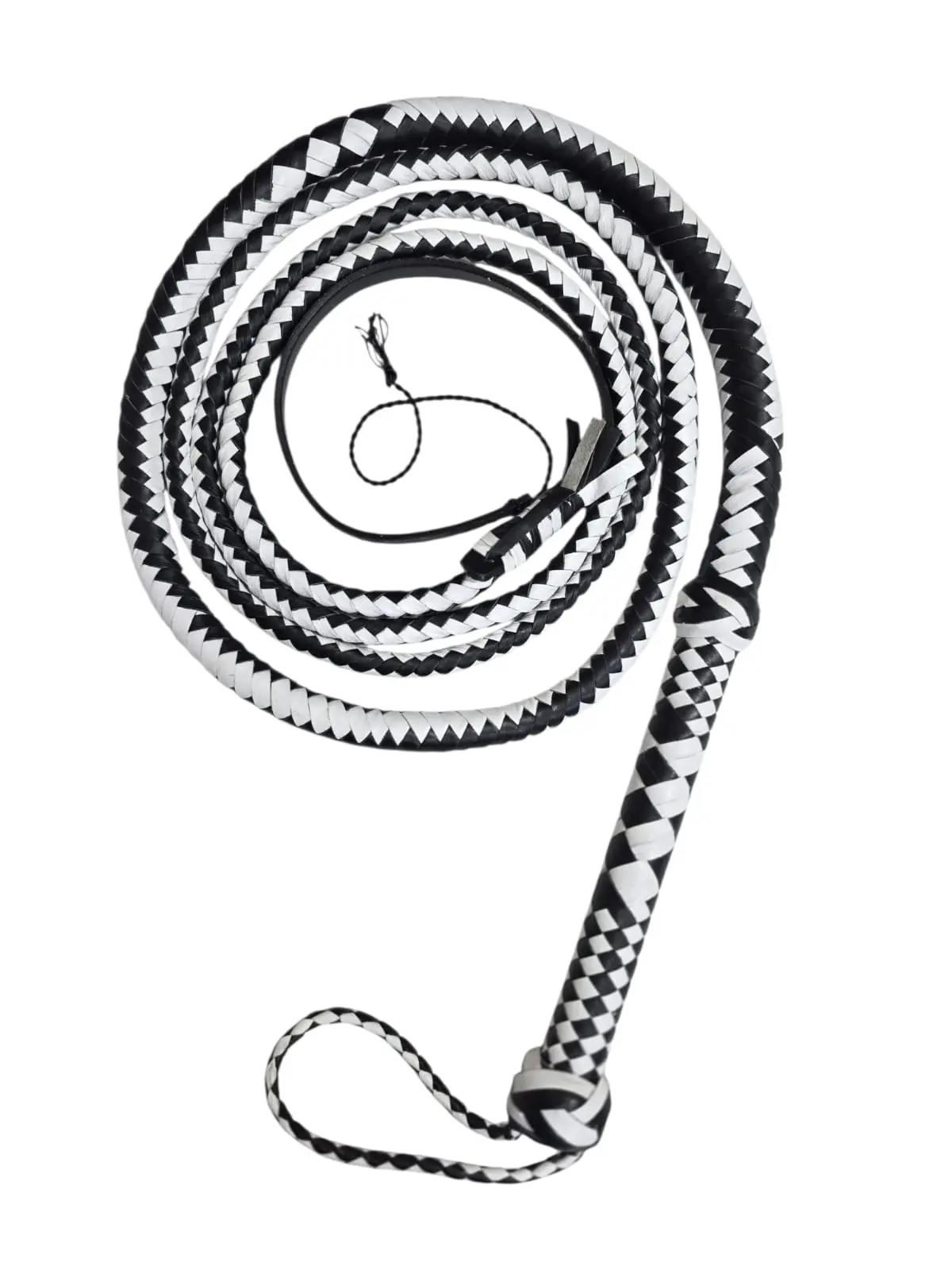 Genuine Cowhide Leather Bullwhip, 2-Tone Black-White 12-Plait Hand-Braided Indiana Jones Style, 6-10ft Durable Equestrian Training Whip