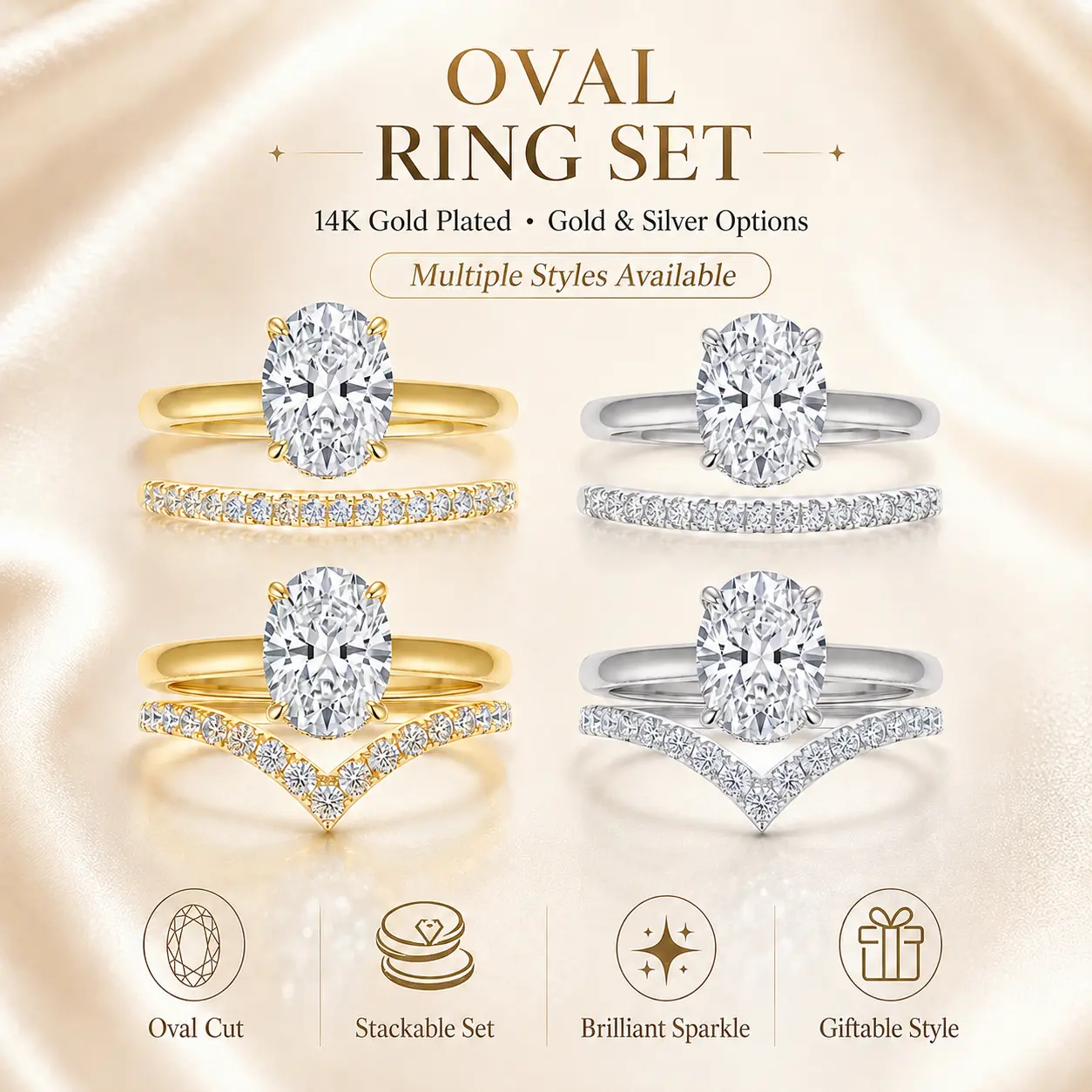 Oval Cut Bridal Ring Set for Women, 14K Gold Plated Engagement Wedding Ring, Luxury Stackable Matching Band Set, Sparkling Jewelry Gift, 5A Cubic Zirconia