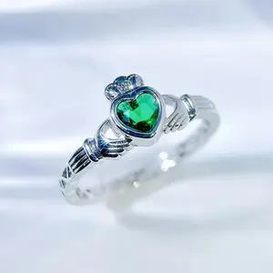 Emerald Green Pave Crystal Claddagh Ring - Minimalist Casual Thanksgiving Promise Ring with Custom Engraved Name Costume Jewelry