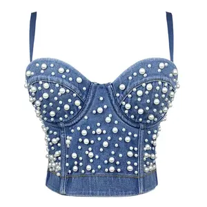 Tank Tube Halter Tops Sexy DJ Club Denim Beading Fishbone Summer Rave Outfits Weighted Vests Women Shaper Camisole Ladies Crop Tank Tube Top Blusas Sling Wedding Party Blind Date Stage Party Shaper Vest Camis Corset Inner Clothes Camiseta Mujer Womenswear