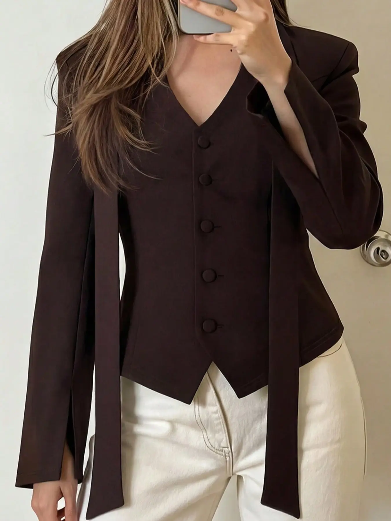 Women's Brown Long Sleeve Choker Neck V-Neck Button Down Fitted Casual Tailored Blazer Cropped Jacket