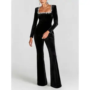 LikeMyChoice Elegant Crystal-Embellished Flared Jumpsuit in Black Velvet with Square Neckline and Long Sleeves