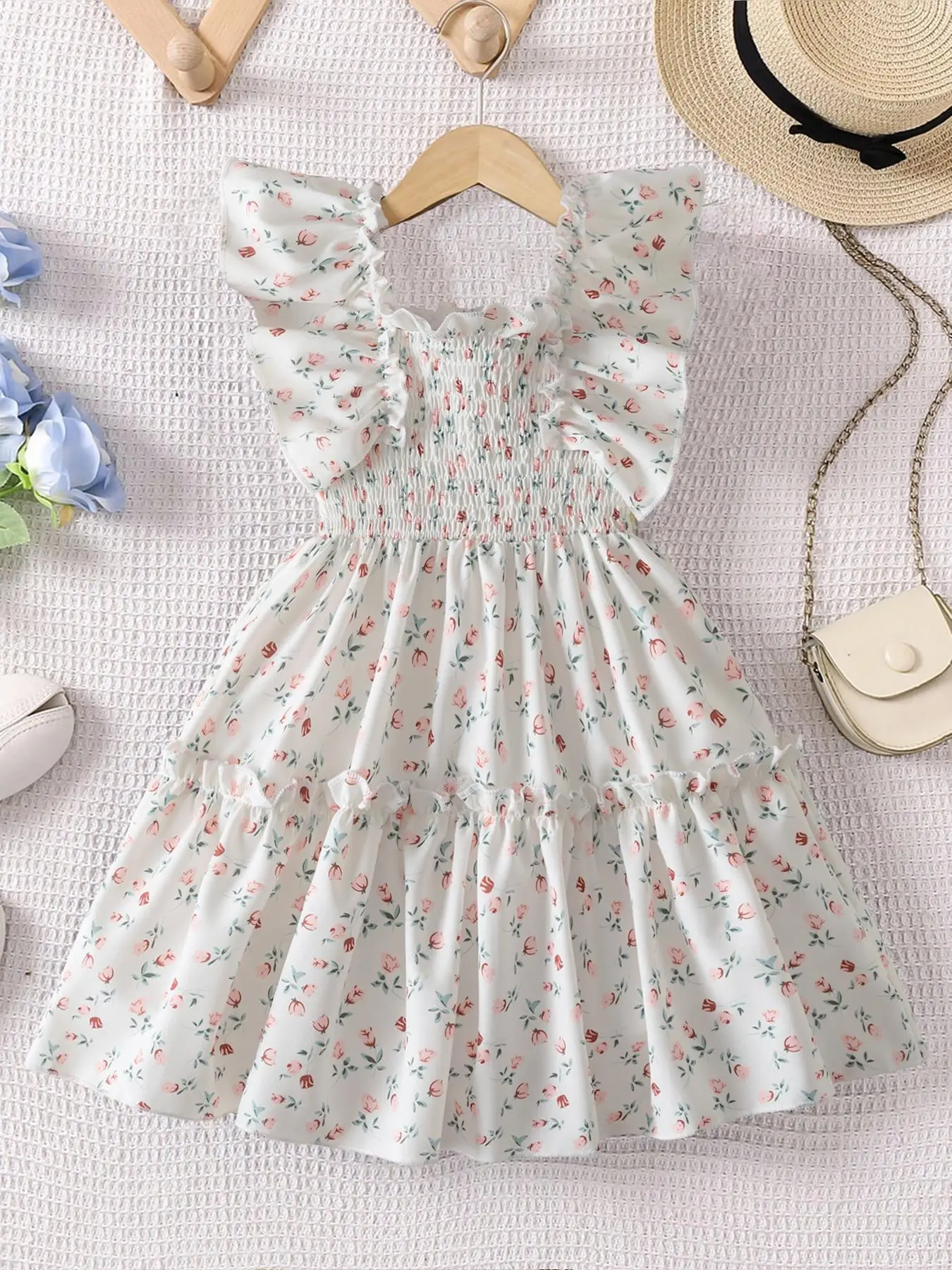 Girl's Ditsy Floral Print Ruffle Trim Shirred Dress, Cute Casual A Line Dress for Summer, Kids Clothes for Daily Wear
