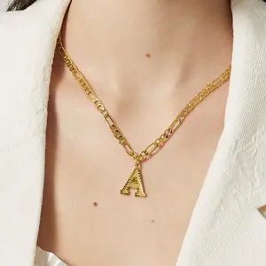 U7 Initial Letter Pendant Necklace Figaro Chian Choker Necklace For Women Girl Capital Monogram Necklace Alhpabets from A-Z Figaro Chain Necklace