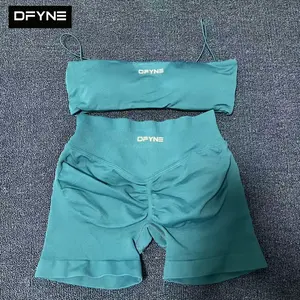 DFYNE Seamless 2-Piece Workout Set| Strappy Bandeau Sports Bra & High-Waisted Leggings| Gym Yoga Matching Outfit for Women