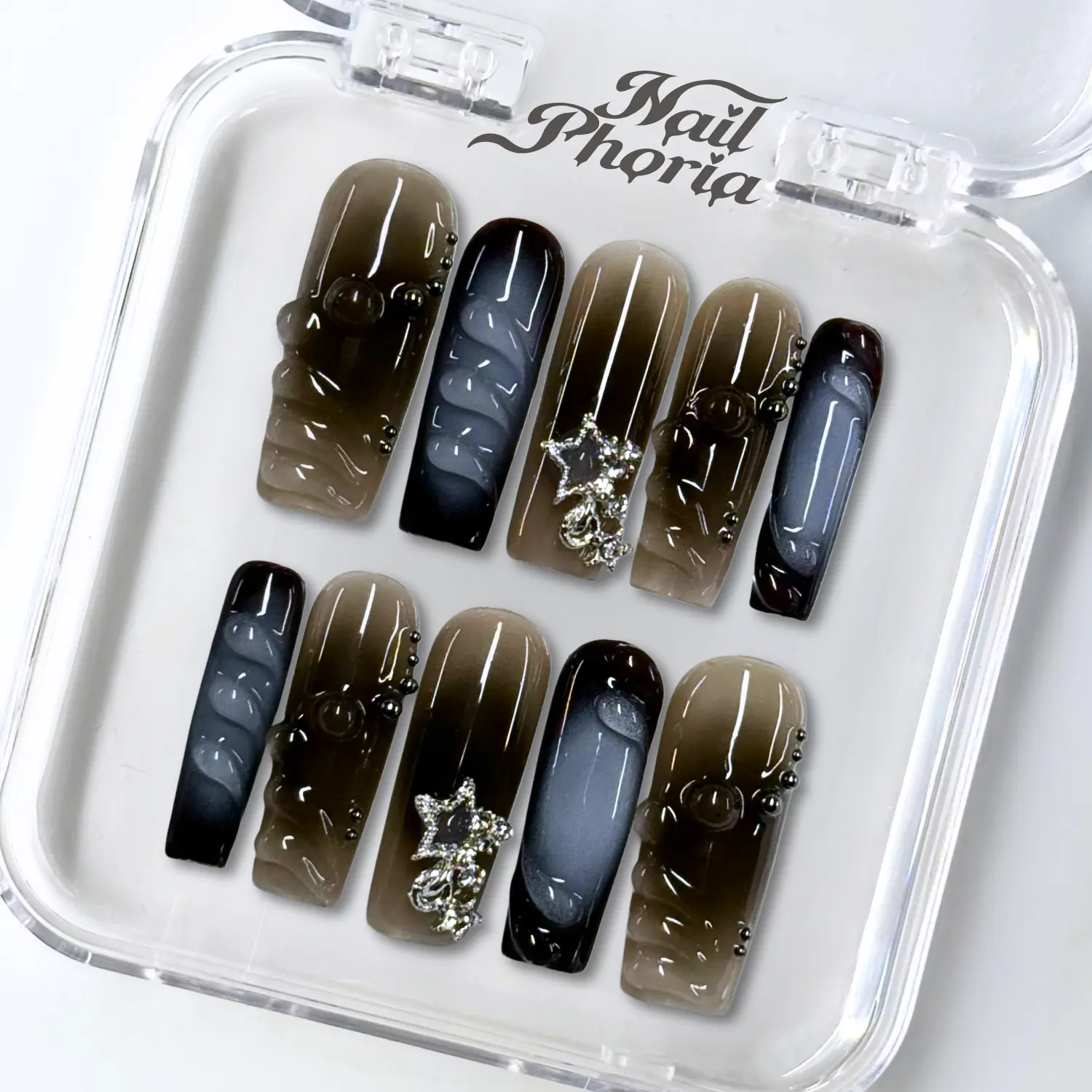 NailPhoria ESPRESSO CHARM - Handmade Press-On Nails | Reusable, Salon-Quality, Long-Lasting, Glossy Design
