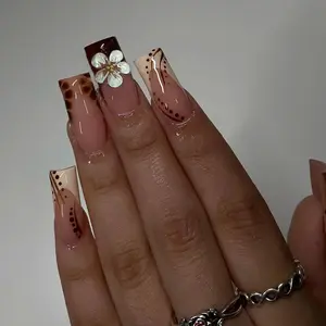 24pcs Luxury Long Almond Nail Art Stickers, Nude Leopard Print Hand Drawn Flowers, Detachable Glossy French Polka Dot Nails Daily Wear
