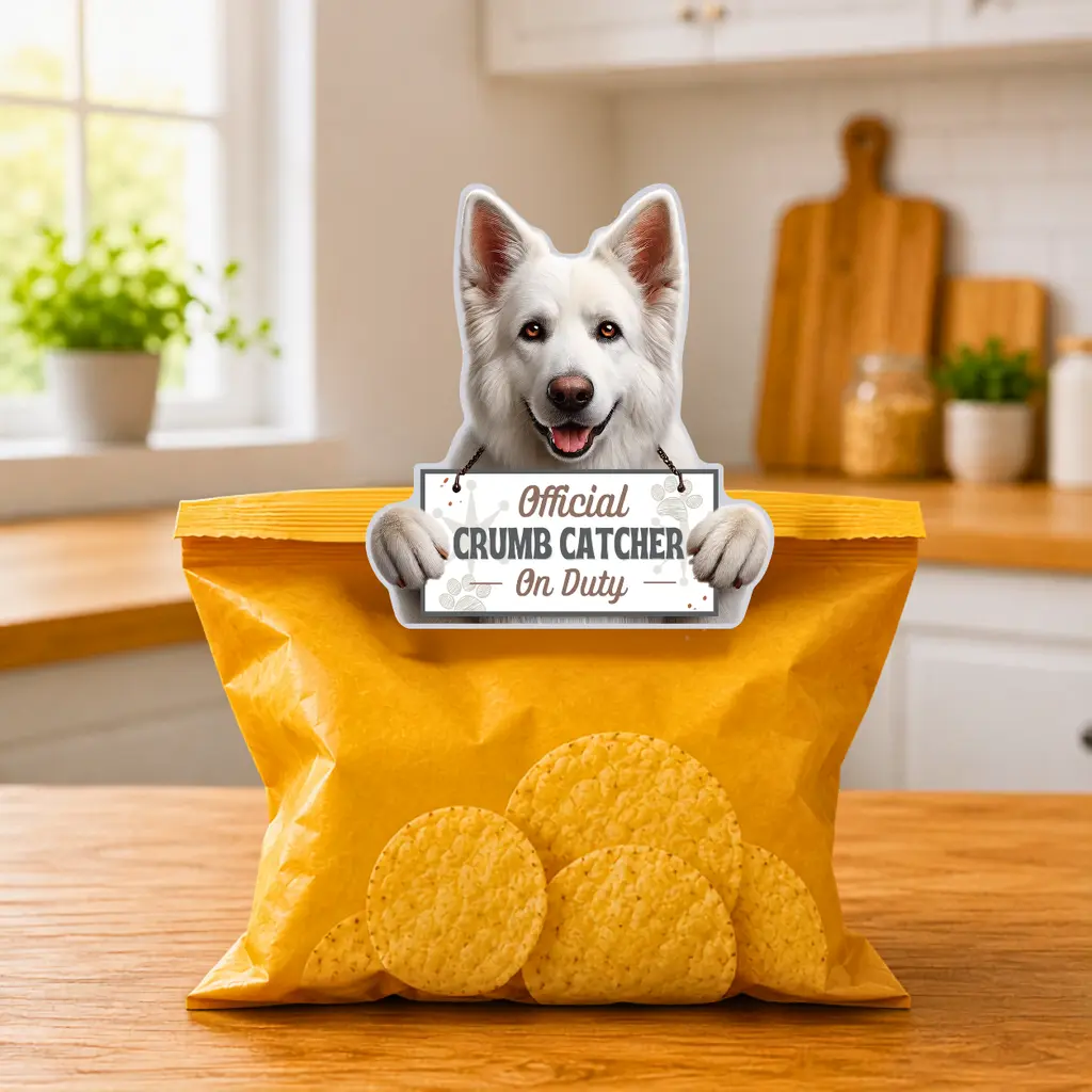 German Shepherd white Official Crumb Catcher on Duty Note or Bag Clip and Fridge Magnet